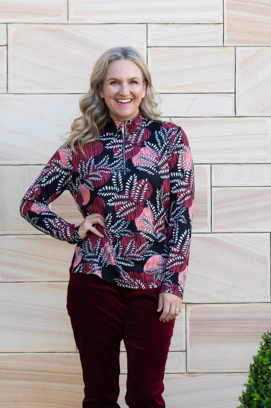 Printed Half Zip Soft Jersey Top #241 Red/Black