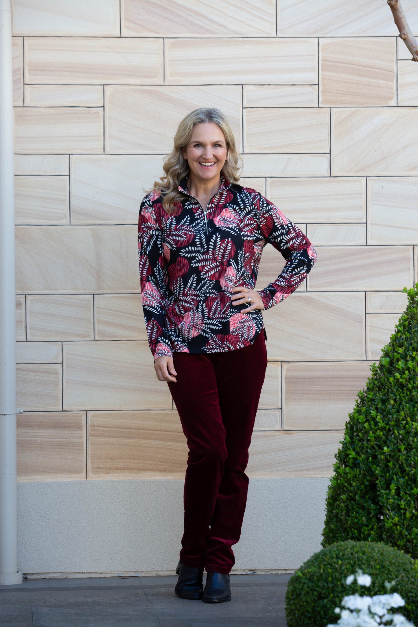 Printed Half Zip Soft Jersey Top #241 Red/Black