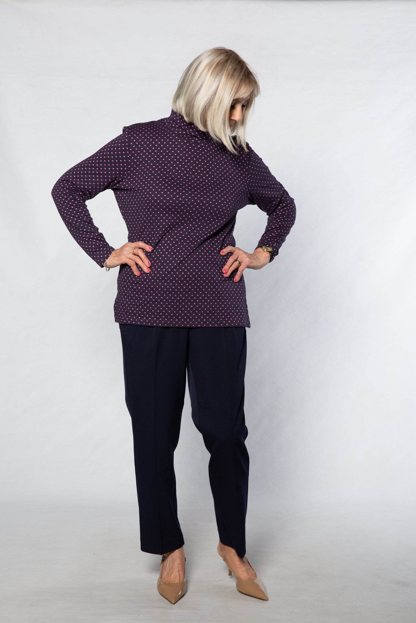 Mock Turtle spot cotton blend skivvy #244 Navy/Pink