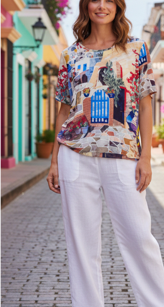 Three women wearing colorful tops with product details and color swatches on a 'Summer 2026 Tops' page.