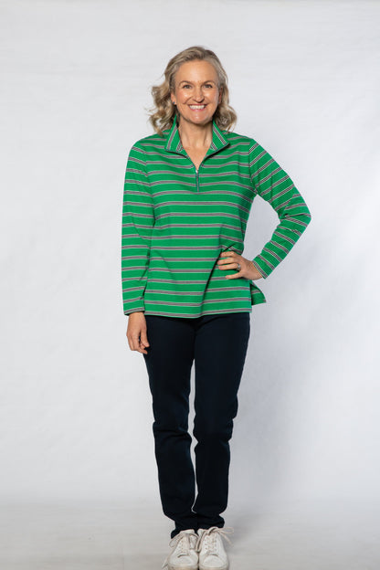 Cotton  Stripe Knit Polo Top with half zip opening #297 Green/Navy
