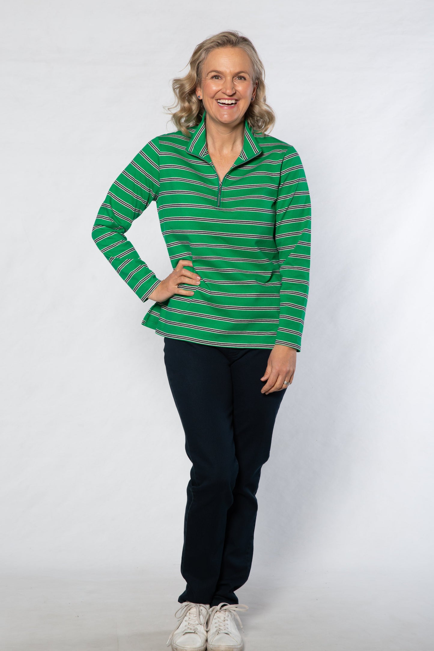 Cotton  Stripe Knit Polo Top with half zip opening #297 Green/Navy