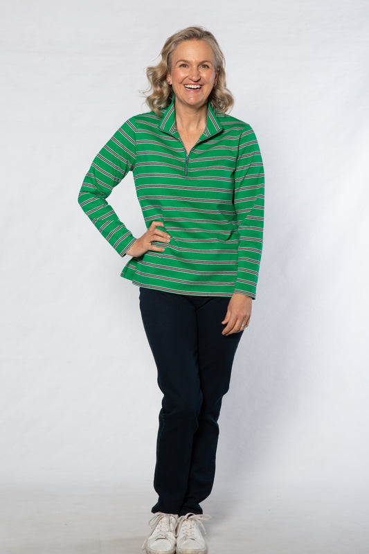Cotton  Stripe Knit Polo Top with half zip opening #297 Green/Navy