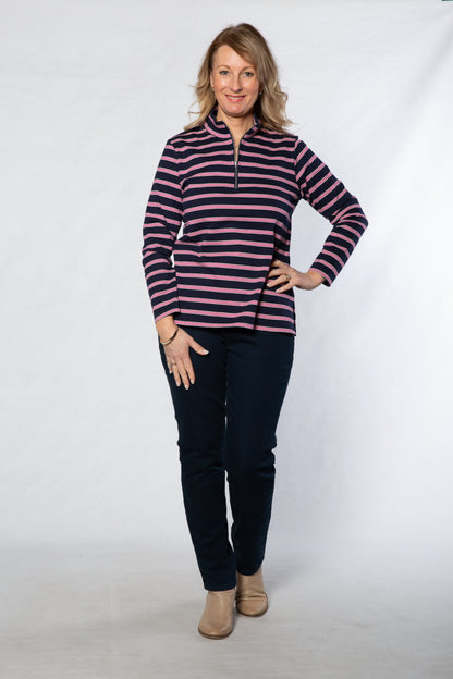 Cotton  Stripe Knit Polo Top with half zip opening #297 Navy/Pink