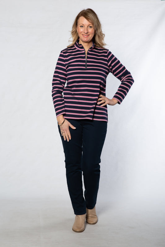 Cotton  Stripe Knit Polo Top with half zip opening #297 Navy/Pink