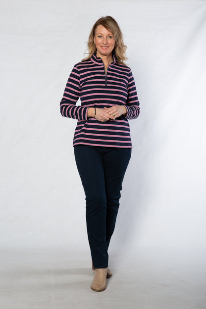 Cotton  Stripe Knit Polo Top with half zip opening #297 Navy/Pink