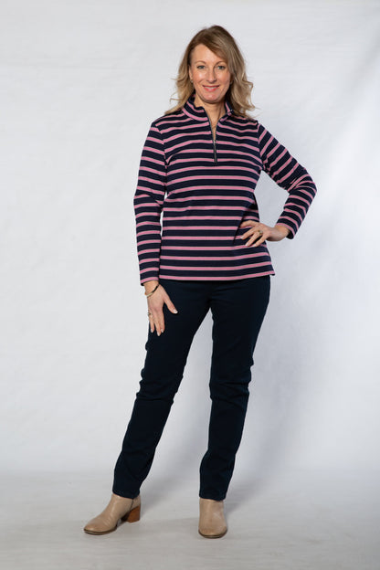 Cotton  Stripe Knit Polo Top with half zip opening #297 Navy/Pink