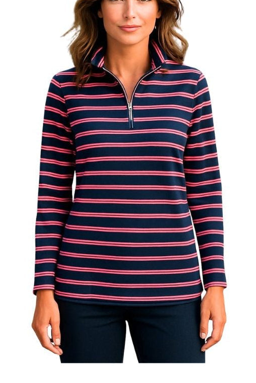 Cotton  Stripe Knit Polo Top with half zip opening #297 Navy/Pink