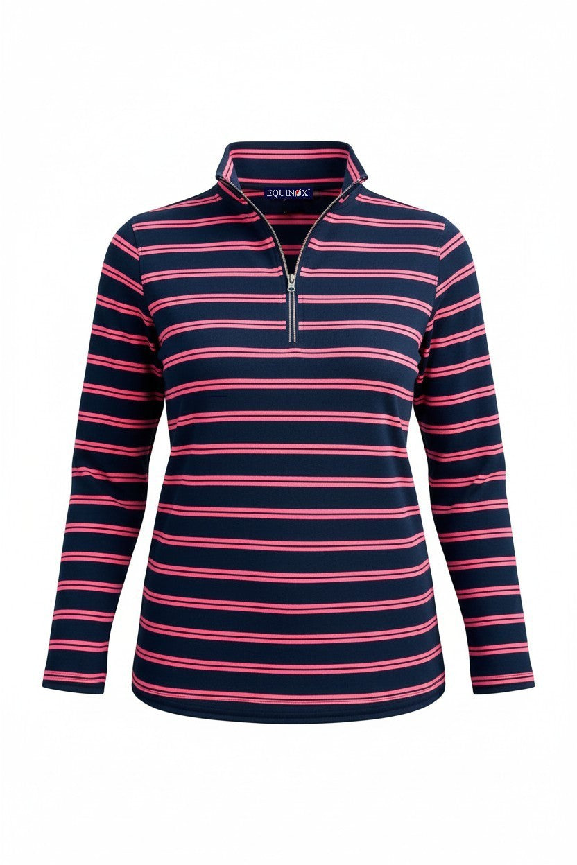 Cotton  Stripe Knit Polo Top with half zip opening #297 Navy/Pink
