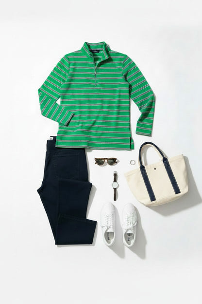 Cotton  Stripe Knit Polo Top with half zip opening #297 Green/Navy