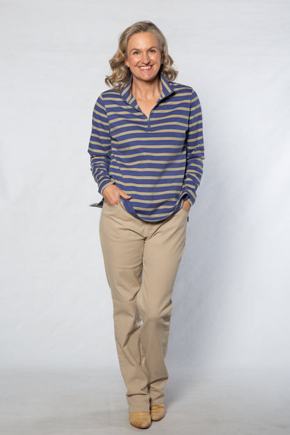 Cotton  Stripe Knit Polo Top with half zip opening  #297 Blue