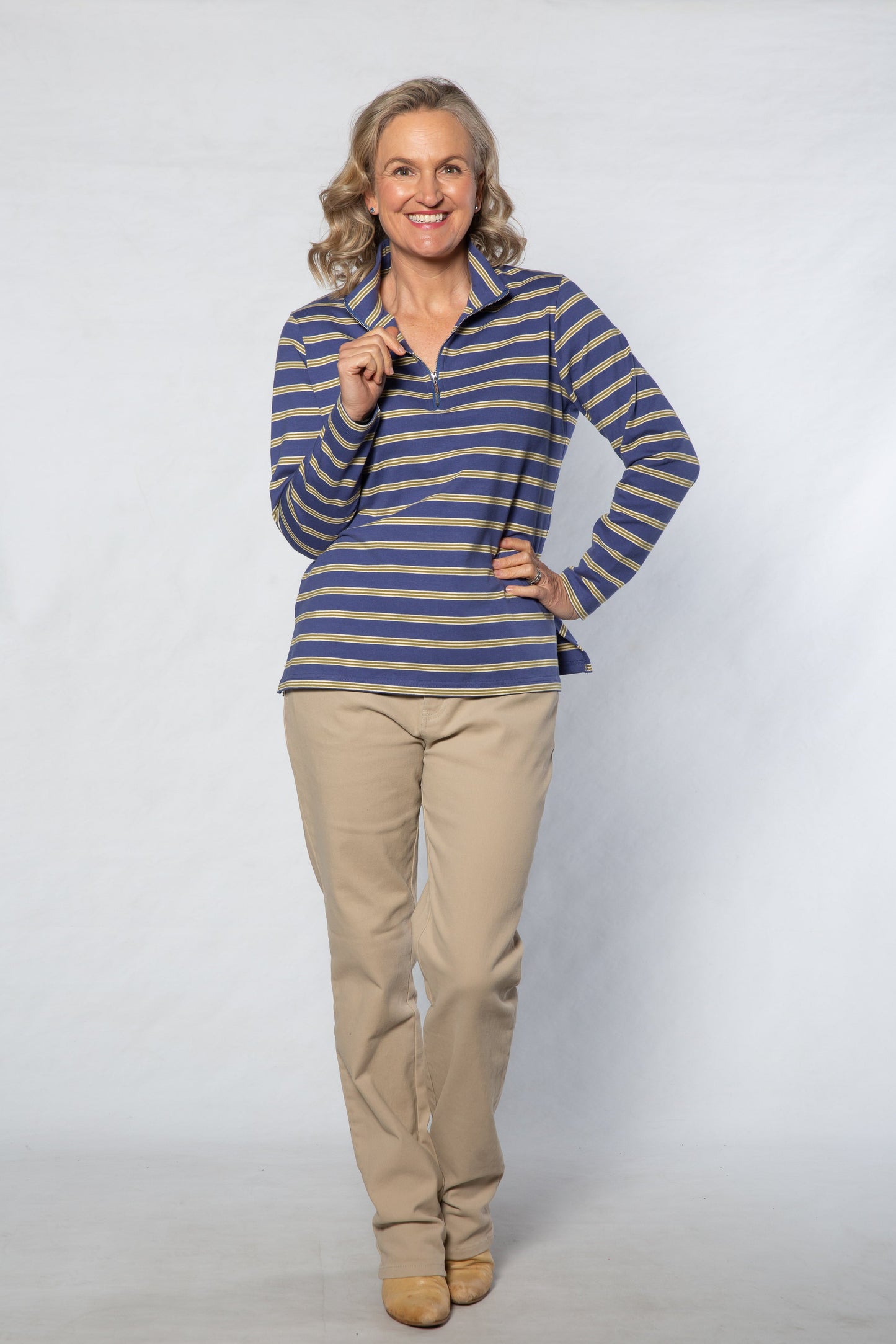 Cotton  Stripe Knit Polo Top with half zip opening  #297 Blue