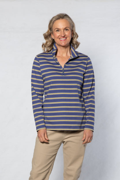 Cotton  Stripe Knit Polo Top with half zip opening  #297 Blue