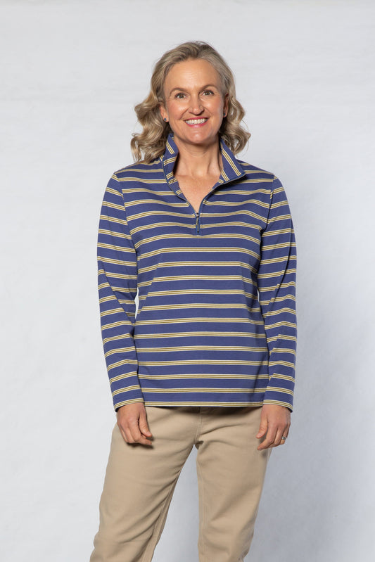 Cotton  Stripe Knit Polo Top with half zip opening  #297 Blue