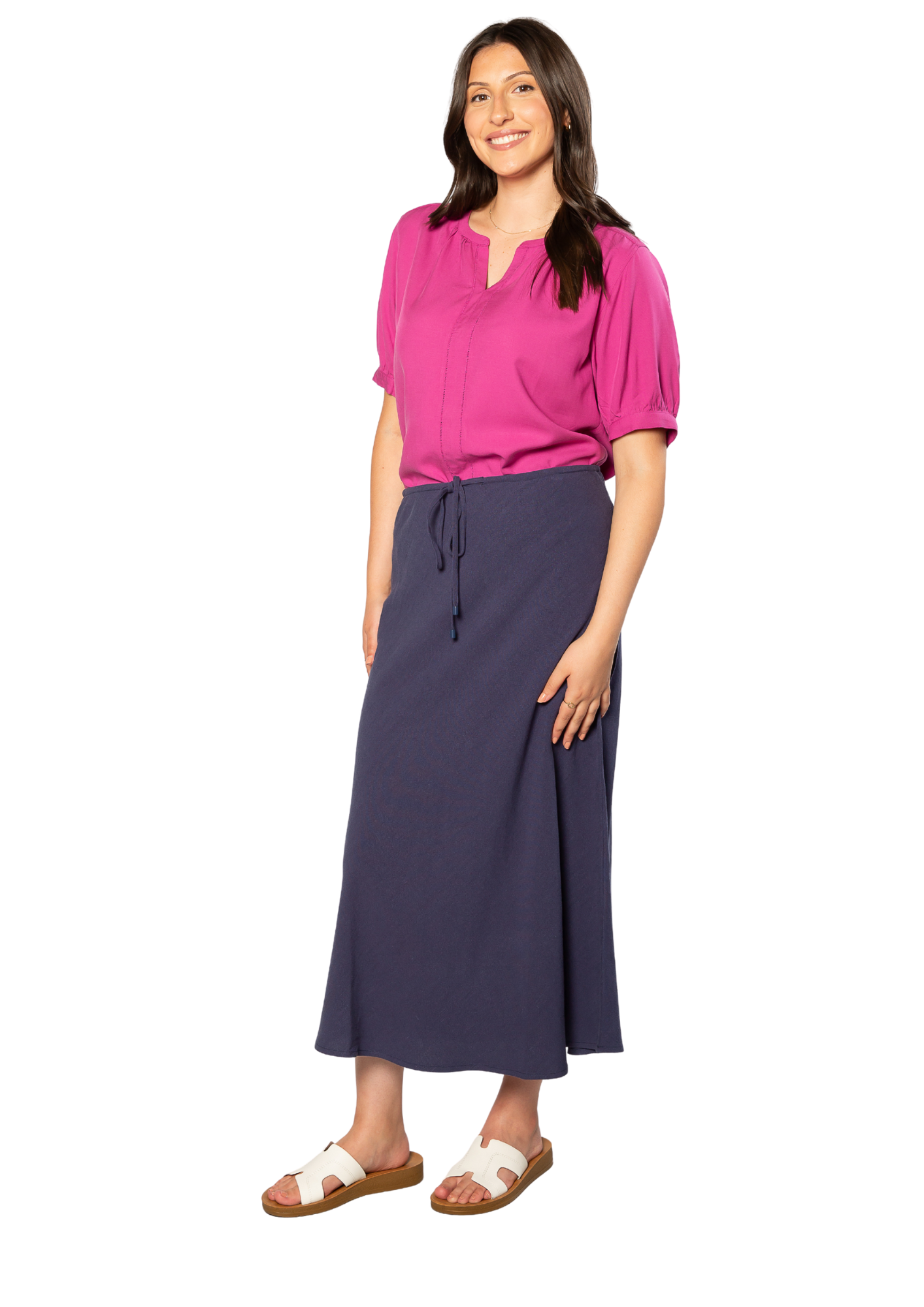 Linen Blend Drawstring Skirt  4225 - Navy