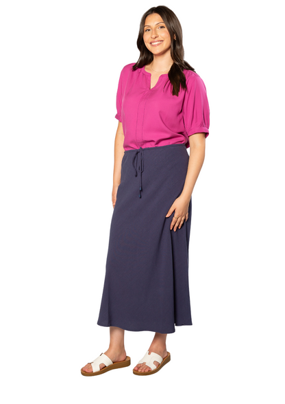 Linen Blend Drawstring Skirt  4225 - Navy