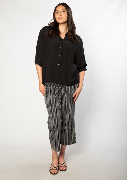 Pure cotton Drawstring Stripe Pant with Side Seam Hem Tab Detail #6535 - Black