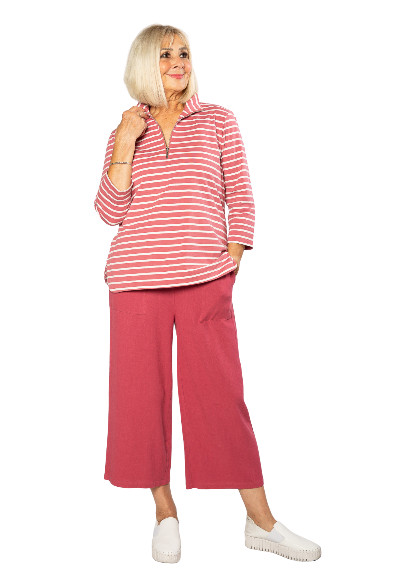 Linen Blend 3/4 Length Pant with Pockets #6678 - Cranberry