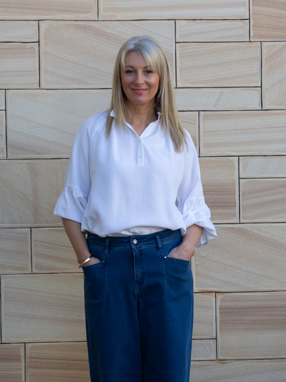 Relaxed Top with ruffle trim mandarin collar and half placket opening #3601 White