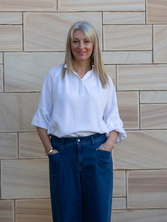 Relaxed Top with ruffle trim mandarin collar and half placket opening #3601 White
