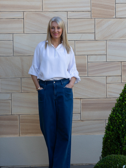 Relaxed Top with ruffle trim mandarin collar and half placket opening #3601 White