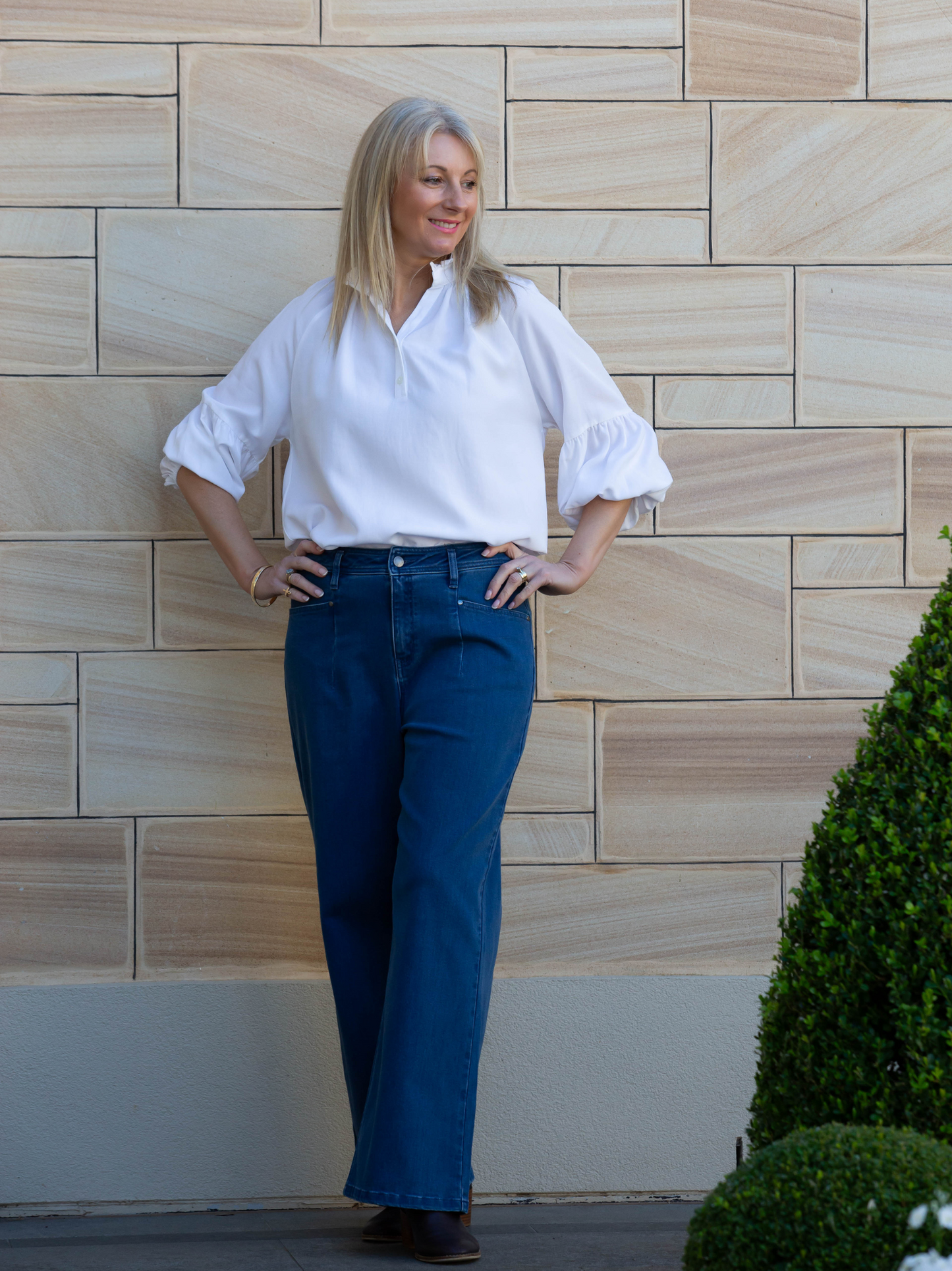 Relaxed Top with ruffle trim mandarin collar and half placket opening #3601 White