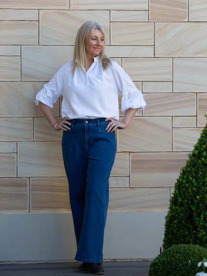 Relaxed Top with ruffle trim mandarin collar and half placket opening #3601 White