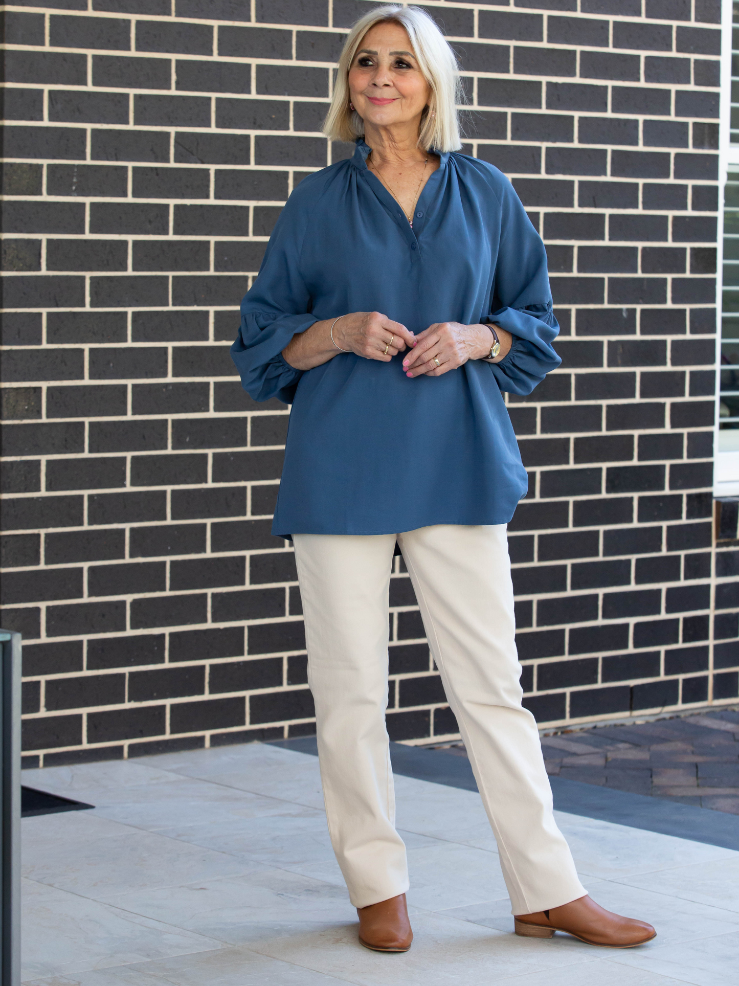 Relaxed Top with ruffle trim mandarin collar and half placket opening #3601 White