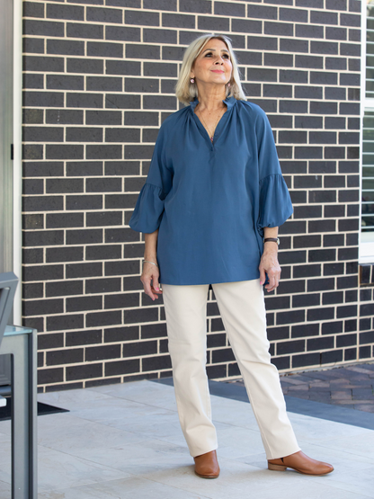 Relaxed Top with ruffle trim mandarin collar and half placket opening #3601 Emerald