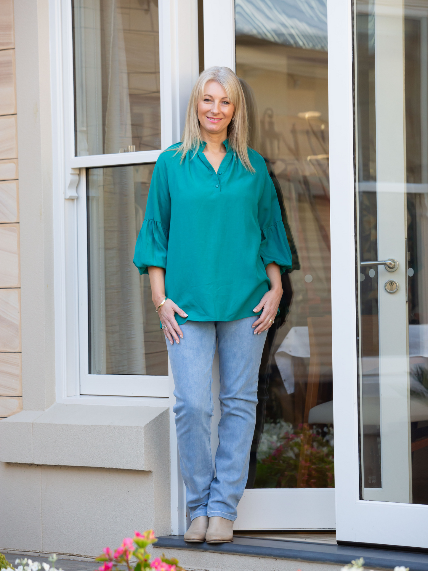 Relaxed Top with ruffle trim mandarin collar and half placket opening #3601 White