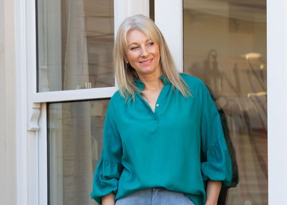 Relaxed Top with ruffle trim mandarin collar and half placket opening #3601 White