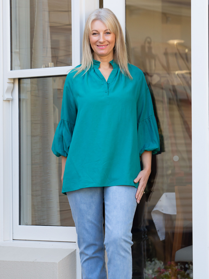 Relaxed Top with ruffle trim mandarin collar and half placket opening #3601 White