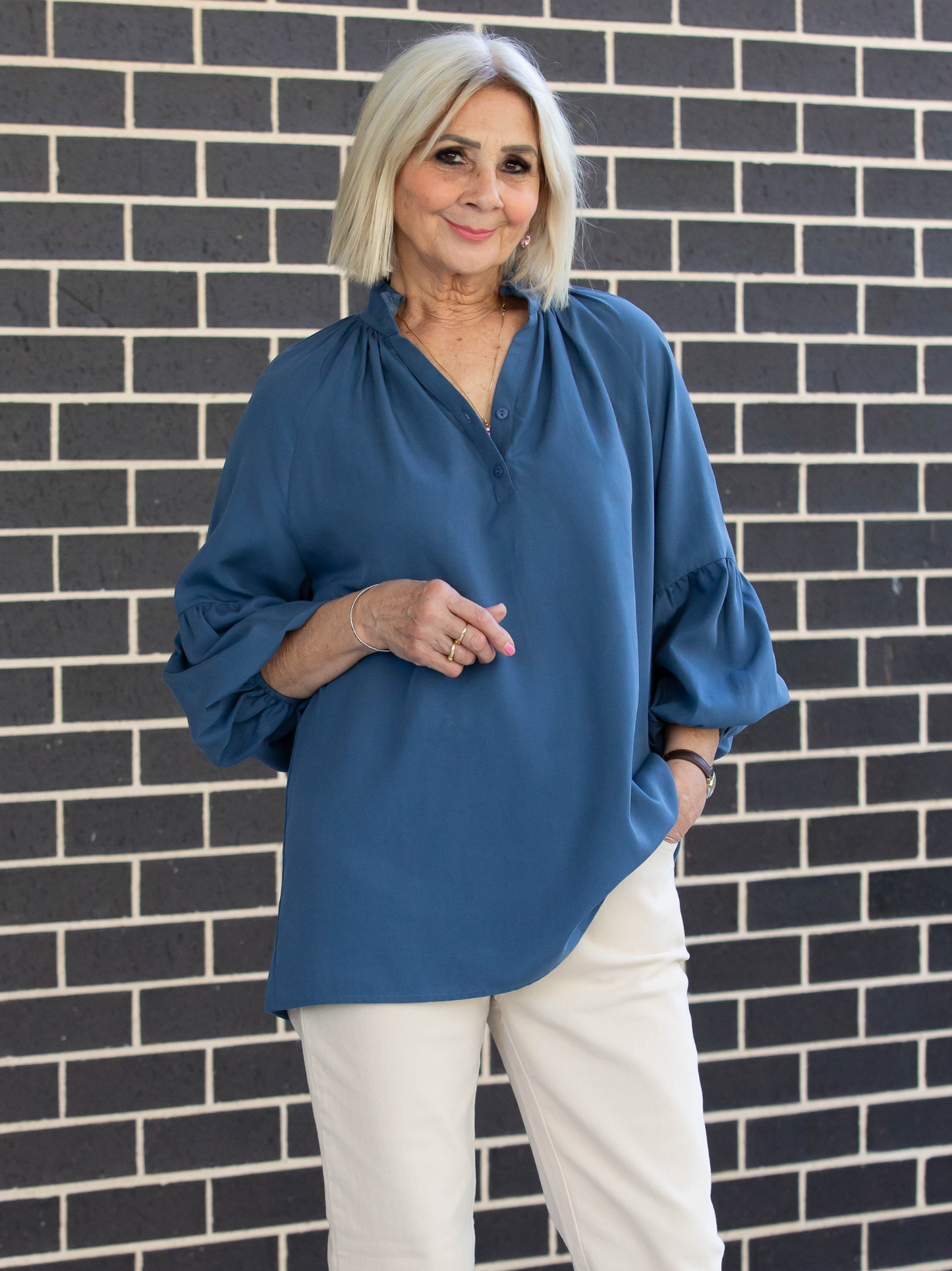 Relaxed Top with ruffle trim mandarin collar and half placket opening #3601 White