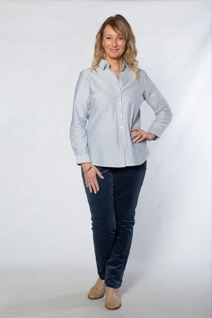 Cotton Long sleeve stripe shirt #3086 - Blue