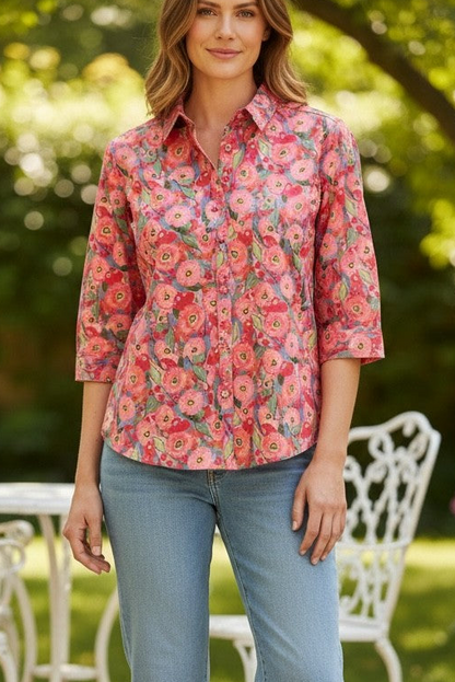 Cottage Garden Print 3/4 Sleeve Pure Cotton Shirt #3143