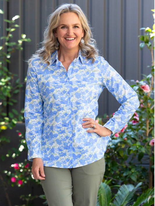 Blue Floral Leaf Print Classic Fit Shirt - 3160