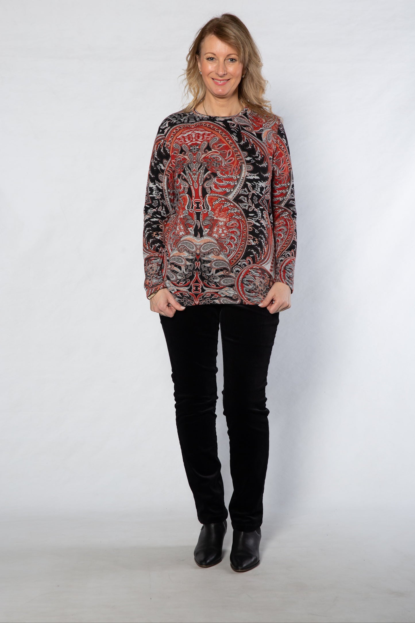 Paisley Printed Long sleeve stretch crew neck top #318 Red/Black