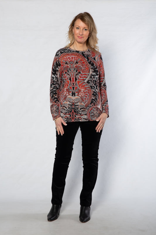 Paisley Printed Long sleeve stretch crew neck top #318 Red/Black
