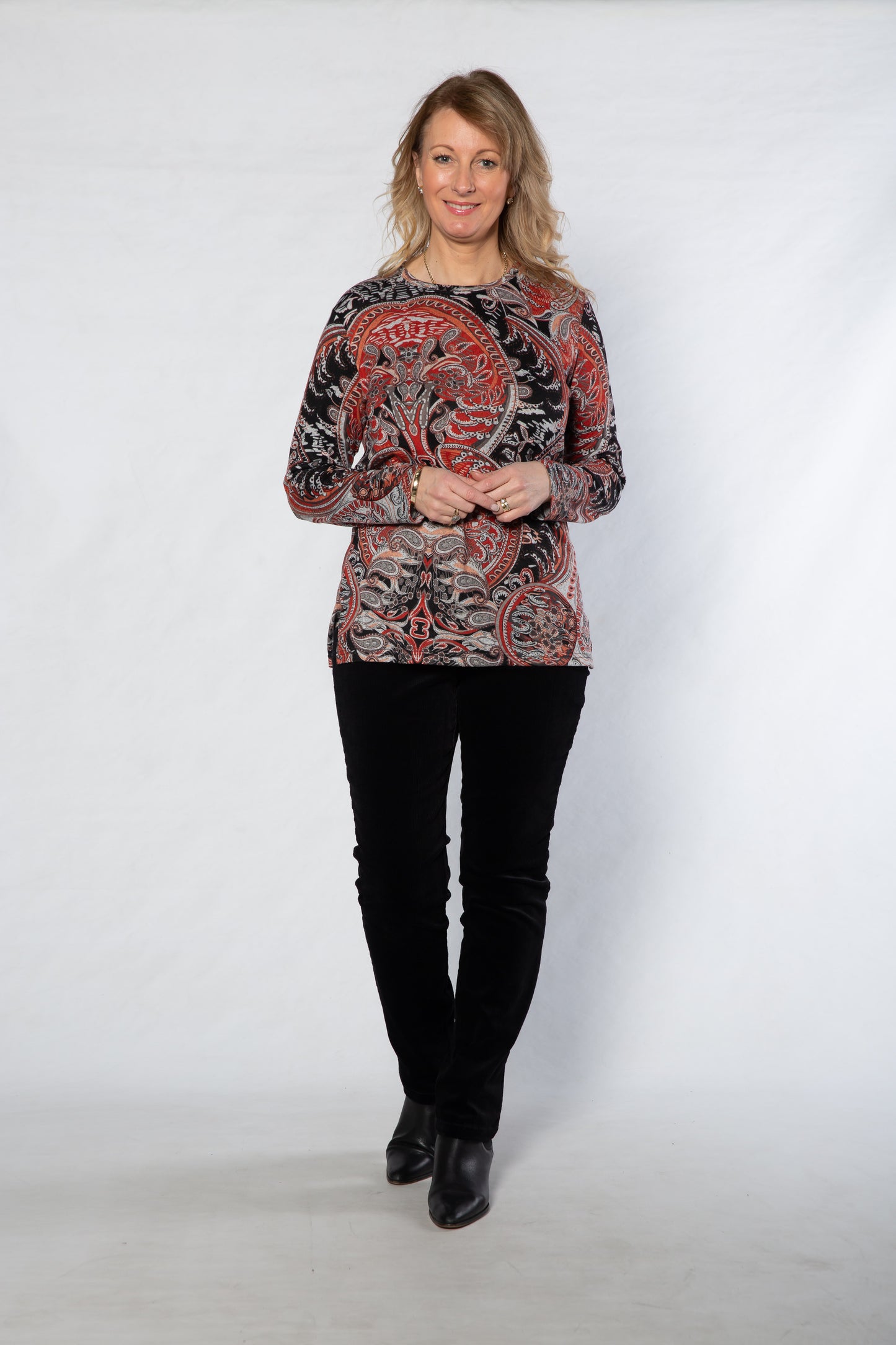 Paisley Printed Long sleeve stretch crew neck top #318 Red/Black