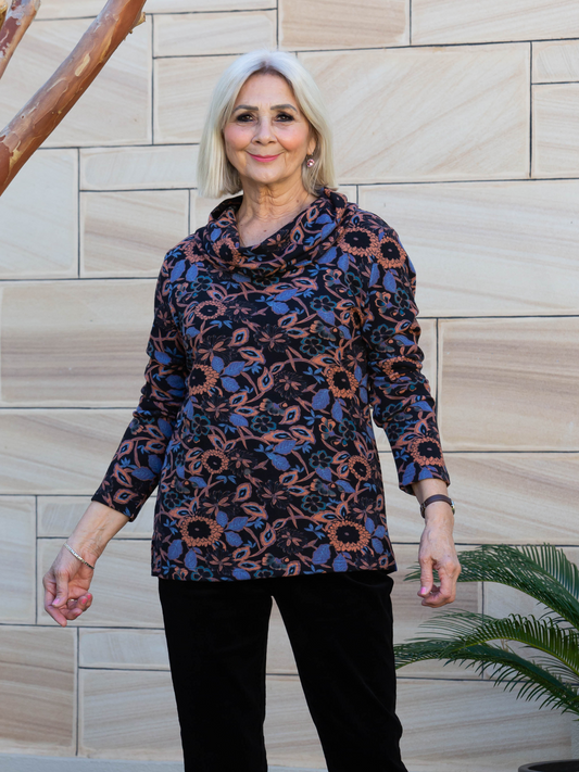 Roll Neck Floral Printed Soft Jersey Top #323 Black