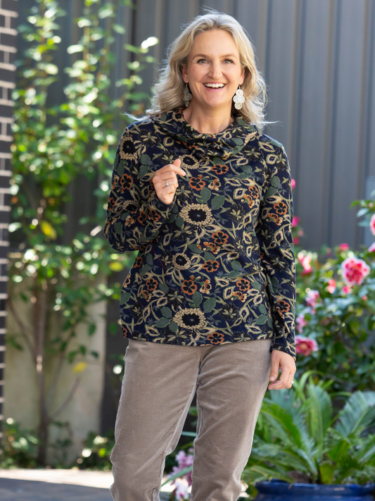 Roll Neck Floral Printed Soft Jersey Top #323 Navy