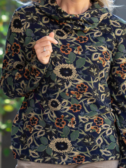 Roll Neck Floral Printed Soft Jersey Top #323 Navy