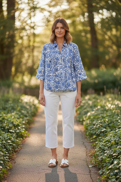 Pleat Front 3/4 Sleeve Cotton Bamboo Shirt #3269 Morris Floral Blue