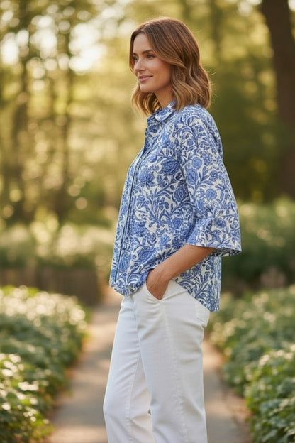 Pleat Front 3/4 Sleeve Shirt #3269 Morris Floral Blue