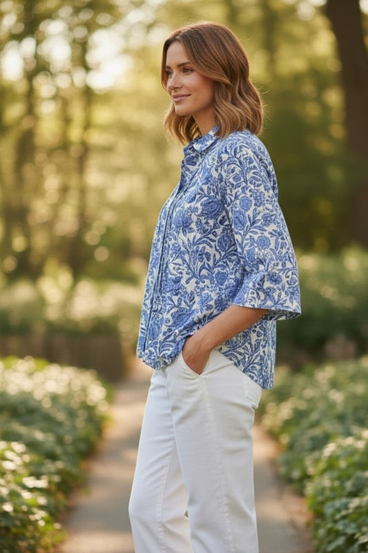 Pleat Front 3/4 Sleeve Shirt #3269 Morris Floral Blue