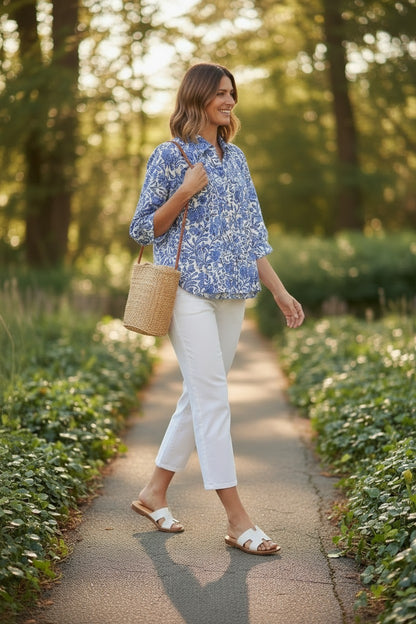 Pleat Front 3/4 Sleeve Shirt #3269 Morris Floral Blue