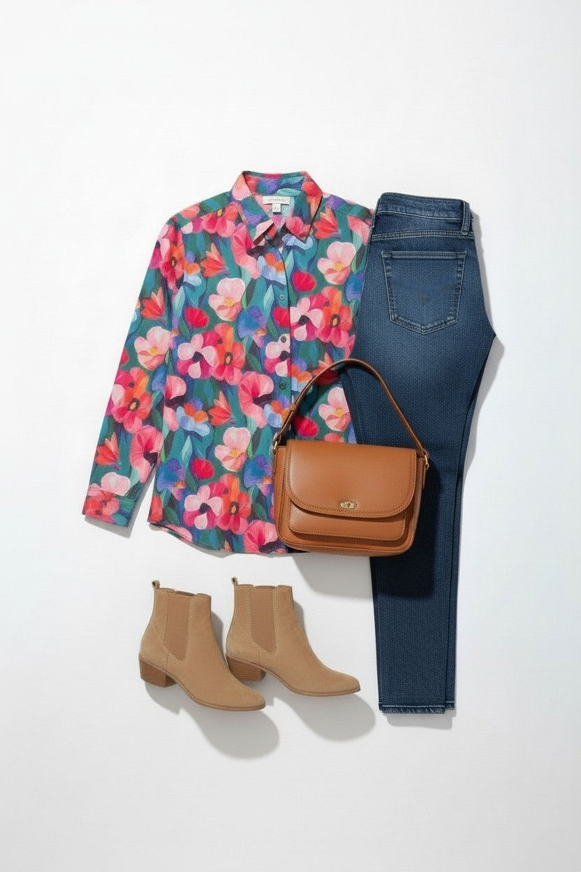 A styled flat-lay outfit on a white background featuring a long-sleeve button-up shirt with a vibrant pink, orange, and blue floral pattern, paired with dark wash jeans, tan ankle boots, and a brown leather crossbody bag. Equinox clothing