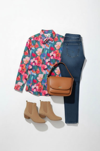 A styled flat-lay outfit on a white background featuring a long-sleeve button-up shirt with a vibrant pink, orange, and blue floral pattern, paired with dark wash jeans, tan ankle boots, and a brown leather crossbody bag. Equinox clothing