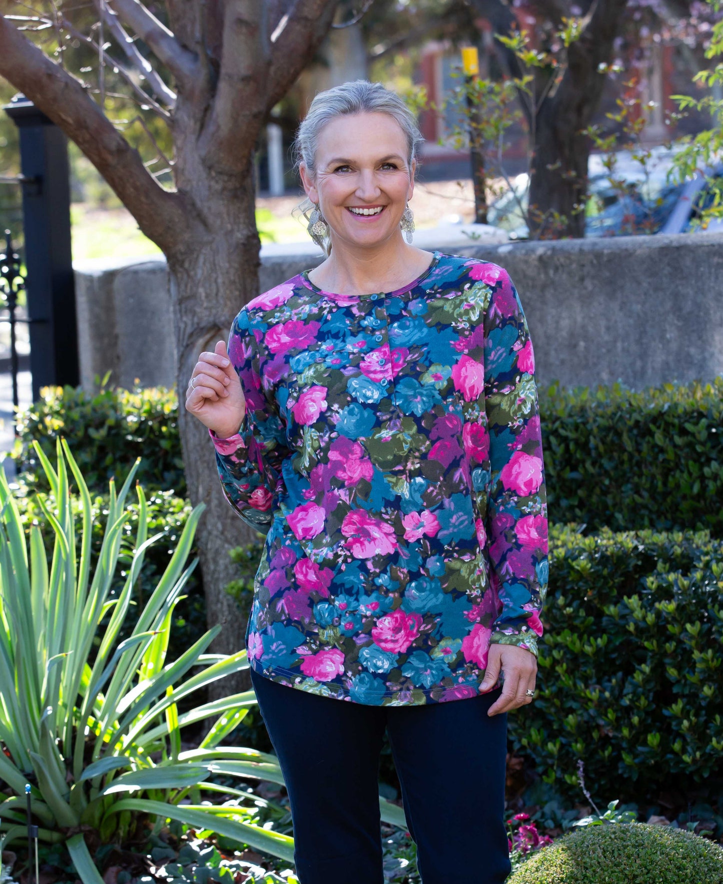 Floral Printed Henley Long sleeve stretch crew neck top #334