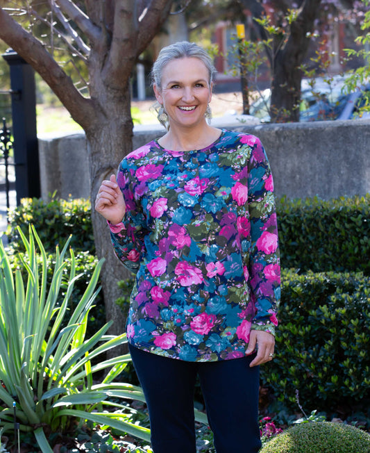 Floral Printed Henley Long sleeve stretch crew neck top #334